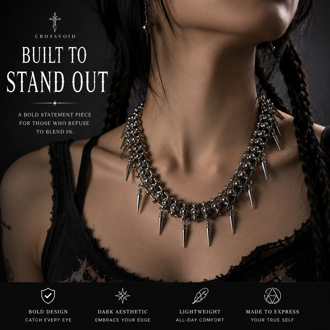 Gothic Spike Statement Necklace Stainless Steel Punk Chain Necklace for Women