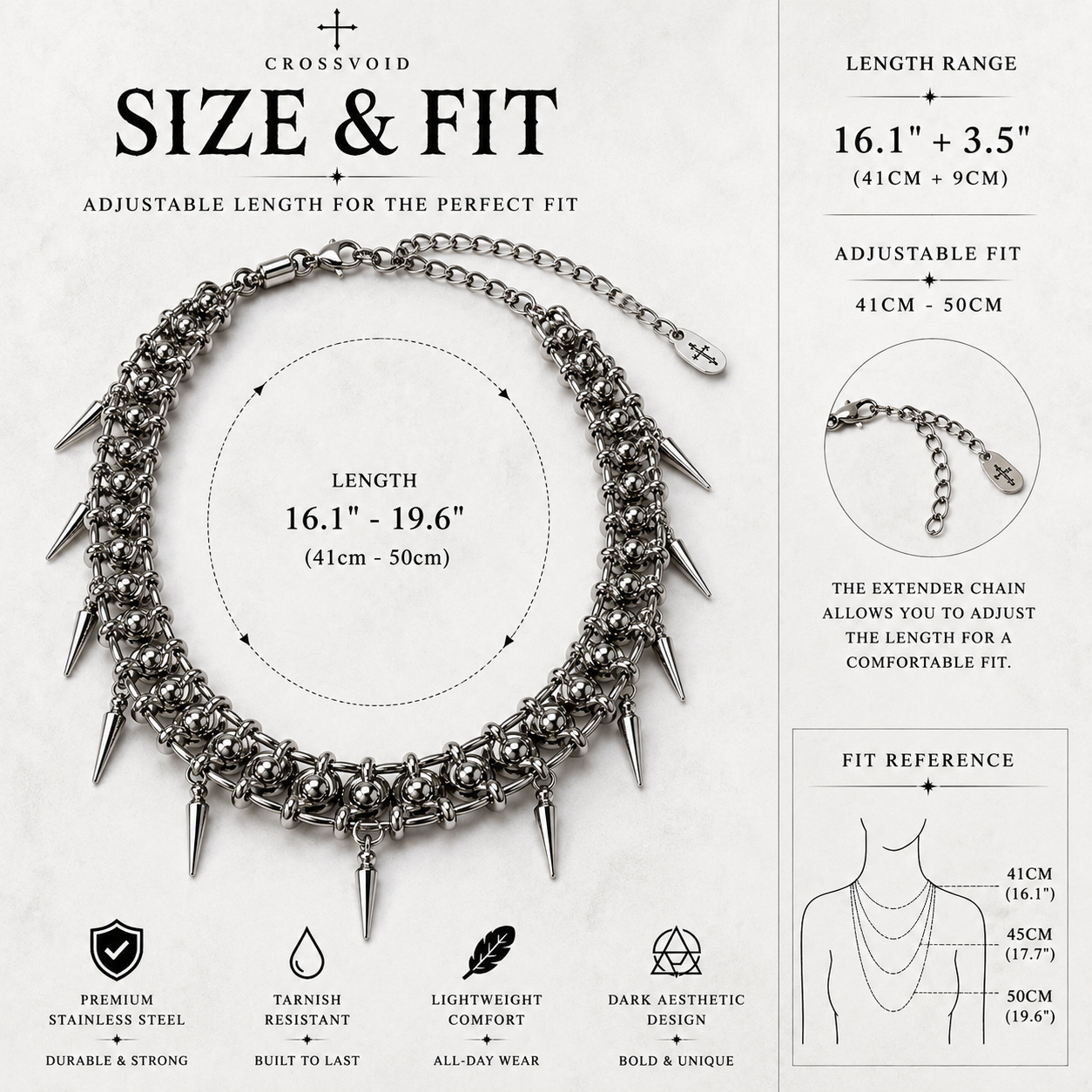 Gothic Spike Statement Necklace Stainless Steel Punk Chain Necklace for Women
