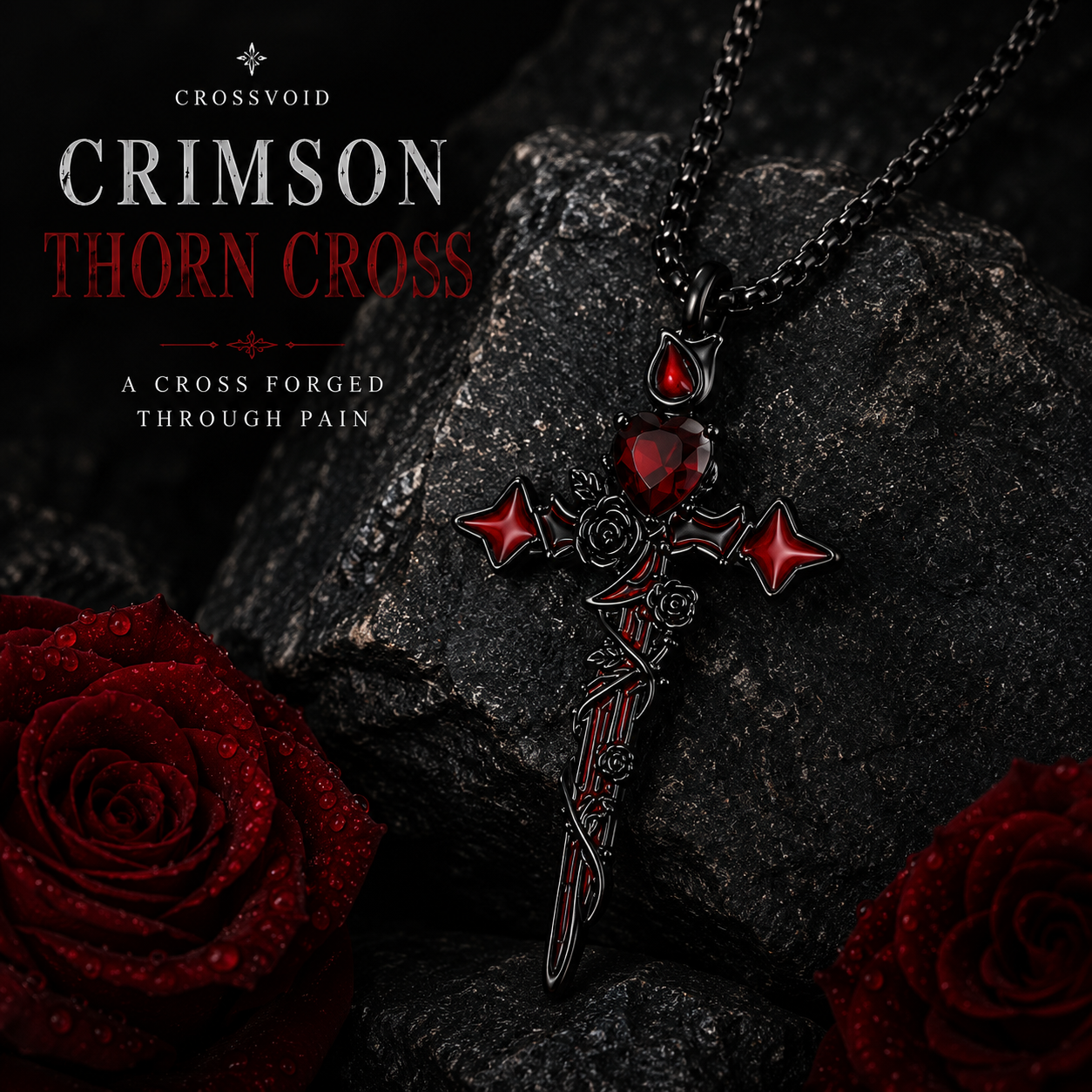 Crimson Thorn Cross Necklace Gothic Heart Rose Pendant Stainless Steel Chain for Men Women
