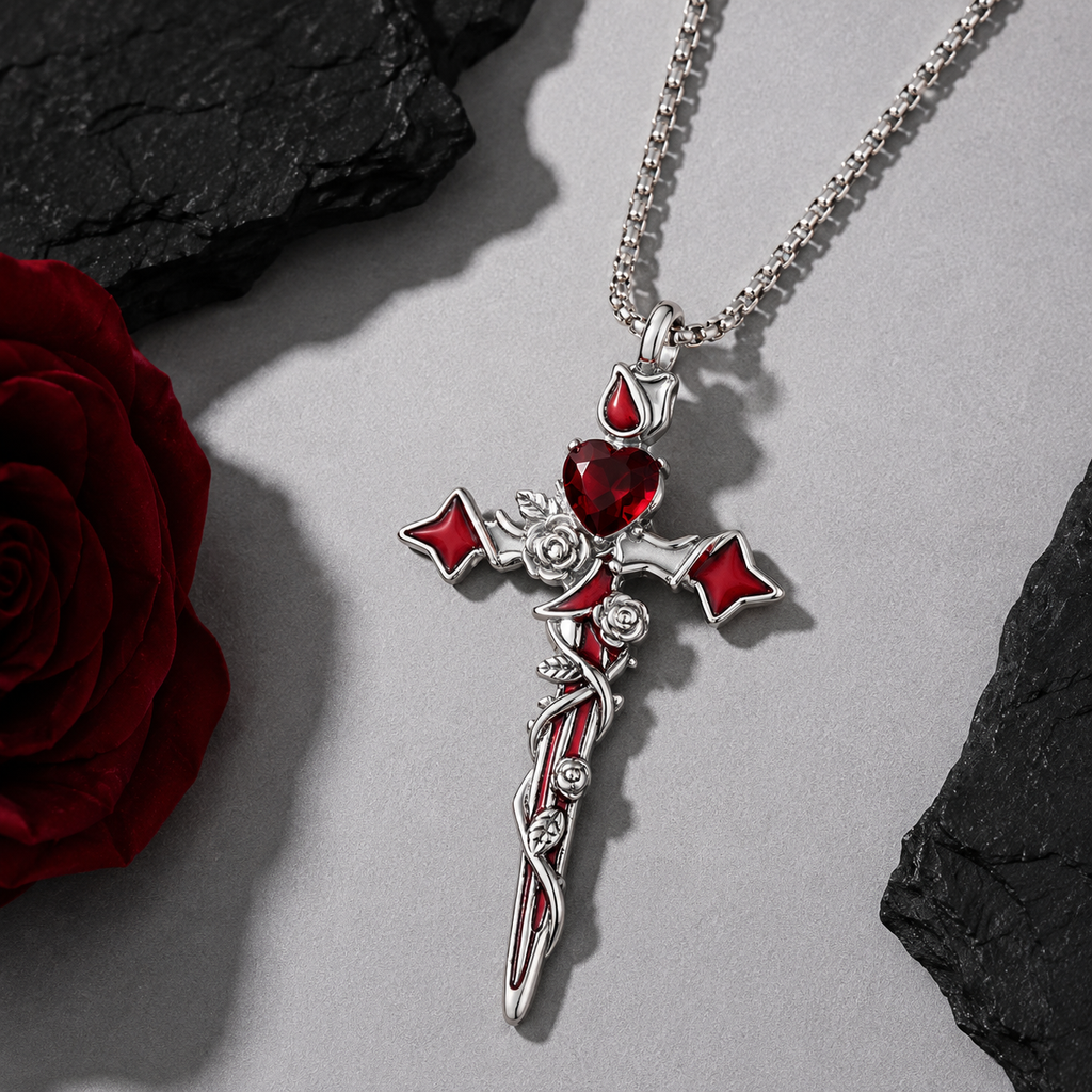 Crimson Thorn Cross Necklace Gothic Heart Rose Pendant Stainless Steel Chain for Men Women