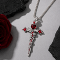 Crimson Thorn Cross Necklace Gothic Heart Rose Pendant Stainless Steel Chain for Men Women