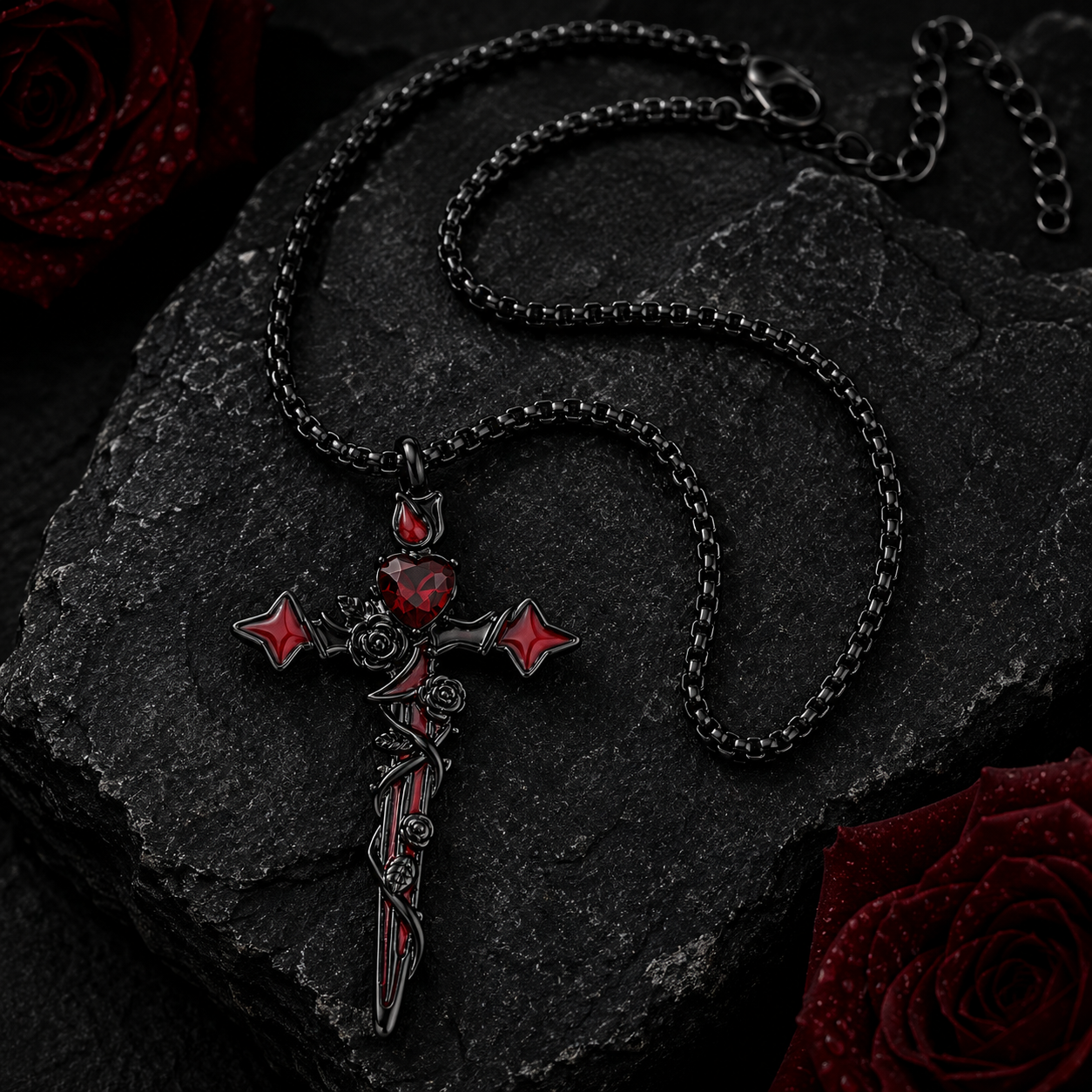 Crimson Thorn Cross Necklace Gothic Heart Rose Pendant Stainless Steel Chain for Men Women