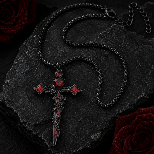 Crimson Thorn Cross Necklace Gothic Heart Rose Pendant Stainless Steel Chain for Men Women