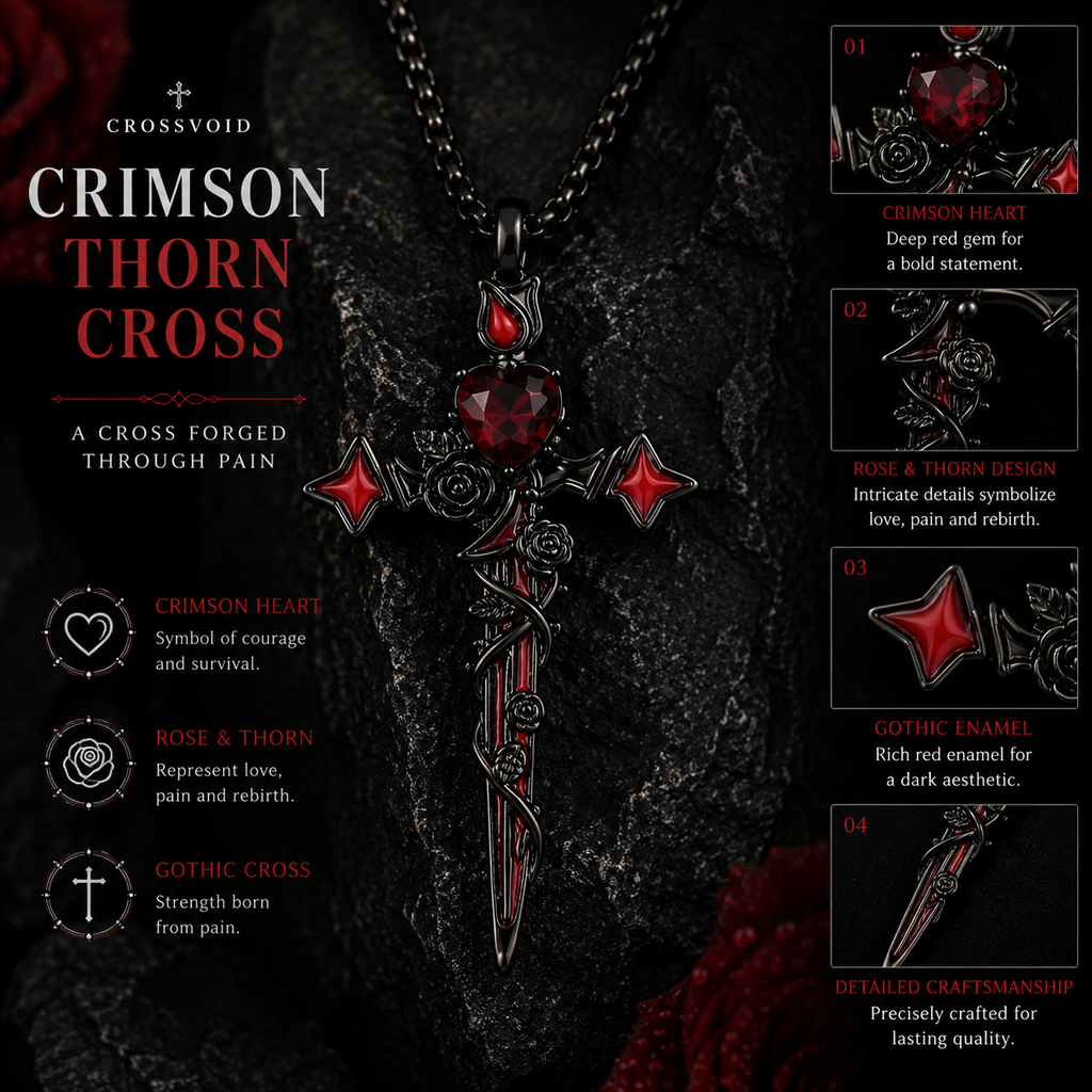 Crimson Thorn Cross Necklace Gothic Heart Rose Pendant Stainless Steel Chain for Men Women