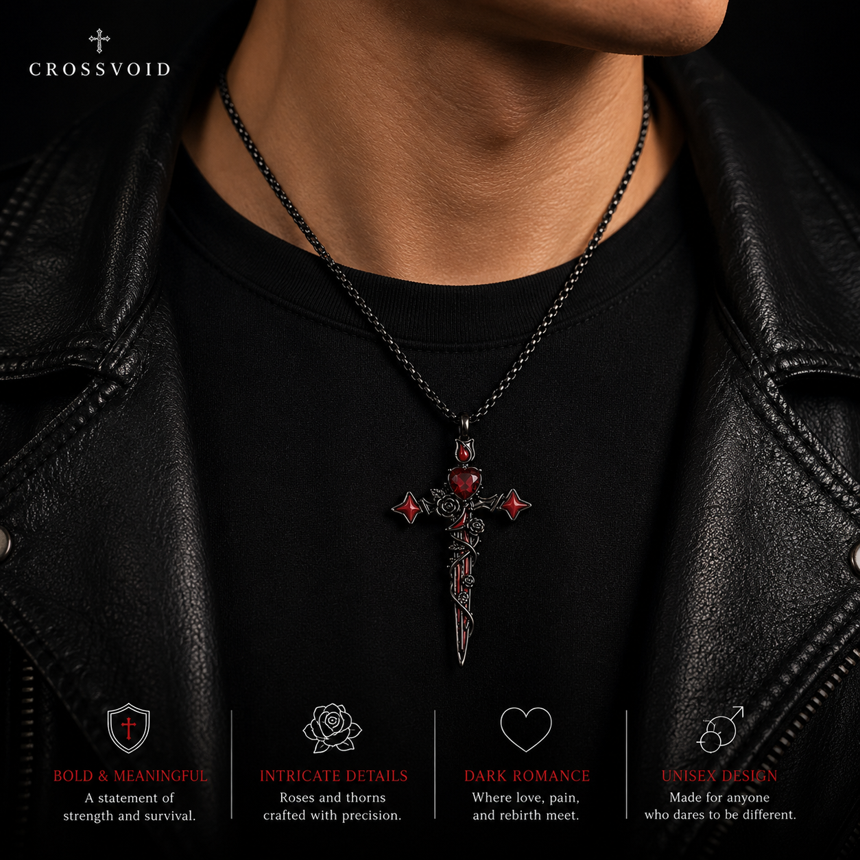 Crimson Thorn Cross Necklace Gothic Heart Rose Pendant Stainless Steel Chain for Men Women