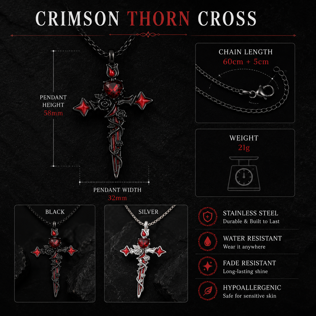 Crimson Thorn Cross Necklace Gothic Heart Rose Pendant Stainless Steel Chain for Men Women