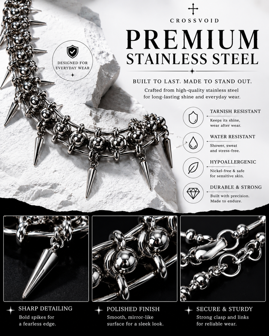 Gothic Spike Statement Necklace Stainless Steel Punk Chain Necklace for Women