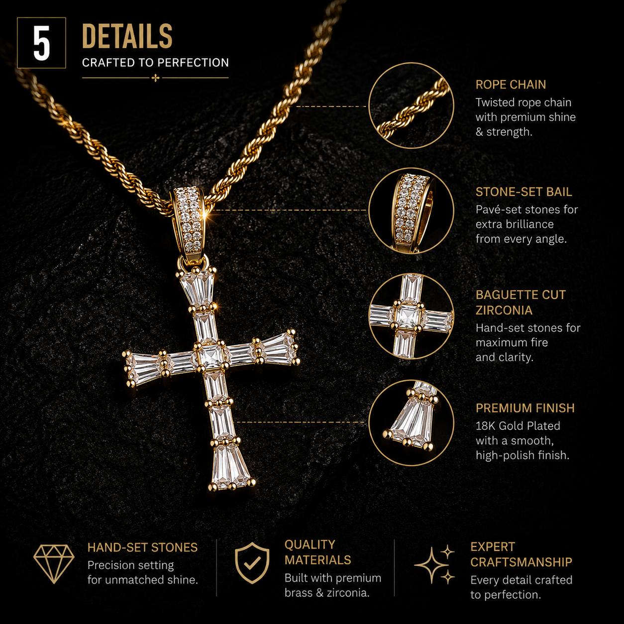Eclipse Cathedral Baguette Cross Necklace for Men
